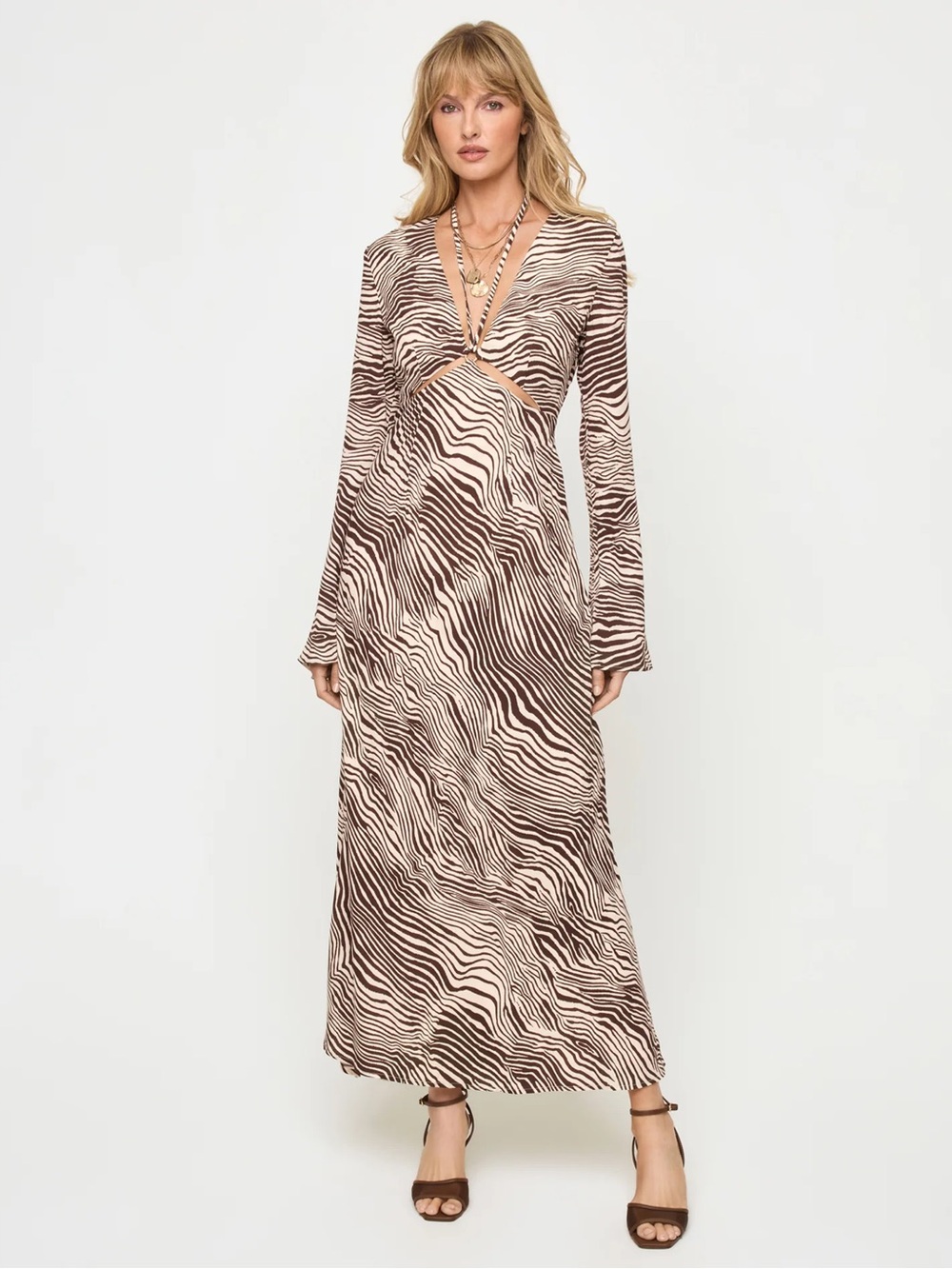 l*space Brown and Cream Zebra-Print Cutout Maxi Dress